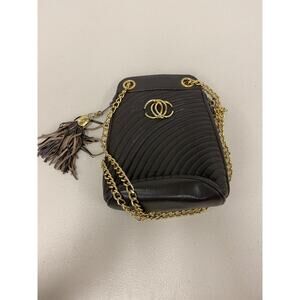 Ashneil Soft Leather Black Quilted Shoulder Bag Gold Link Chain Sides Tassels